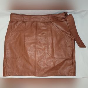Shinestar, PU Leather Croc Embossed Belted Mini Skirt, Cognac, Size L